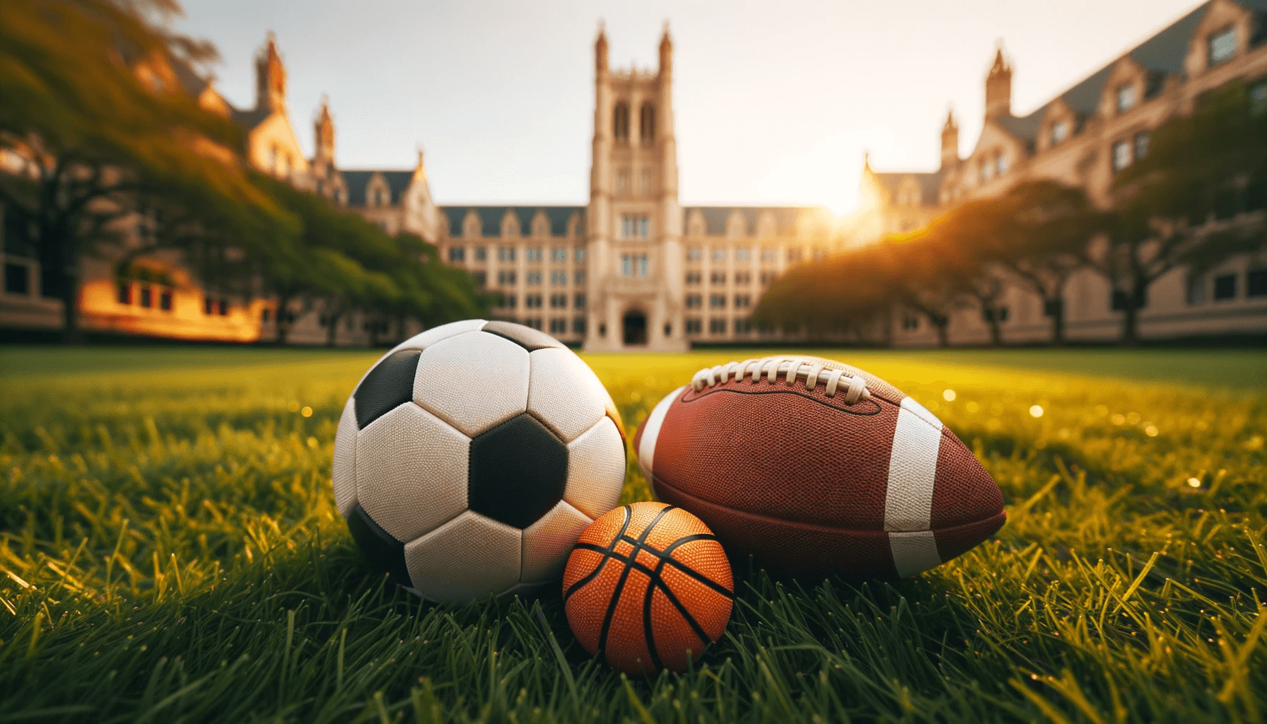 Universiteitscampus in de VS op de achtergrond, met een groen grasveld ervoor. Op de voorgrond liggen drie sportballen: een basketbal, voetbal en American football, die de focus op atletische beurzen voor internationale studenten symboliseren.