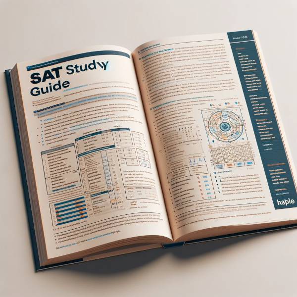 Geopende SAT Studiegids van Sportbeurs Amerika, met zichtbare pagina's over teststrategieën en oefenmateriaal