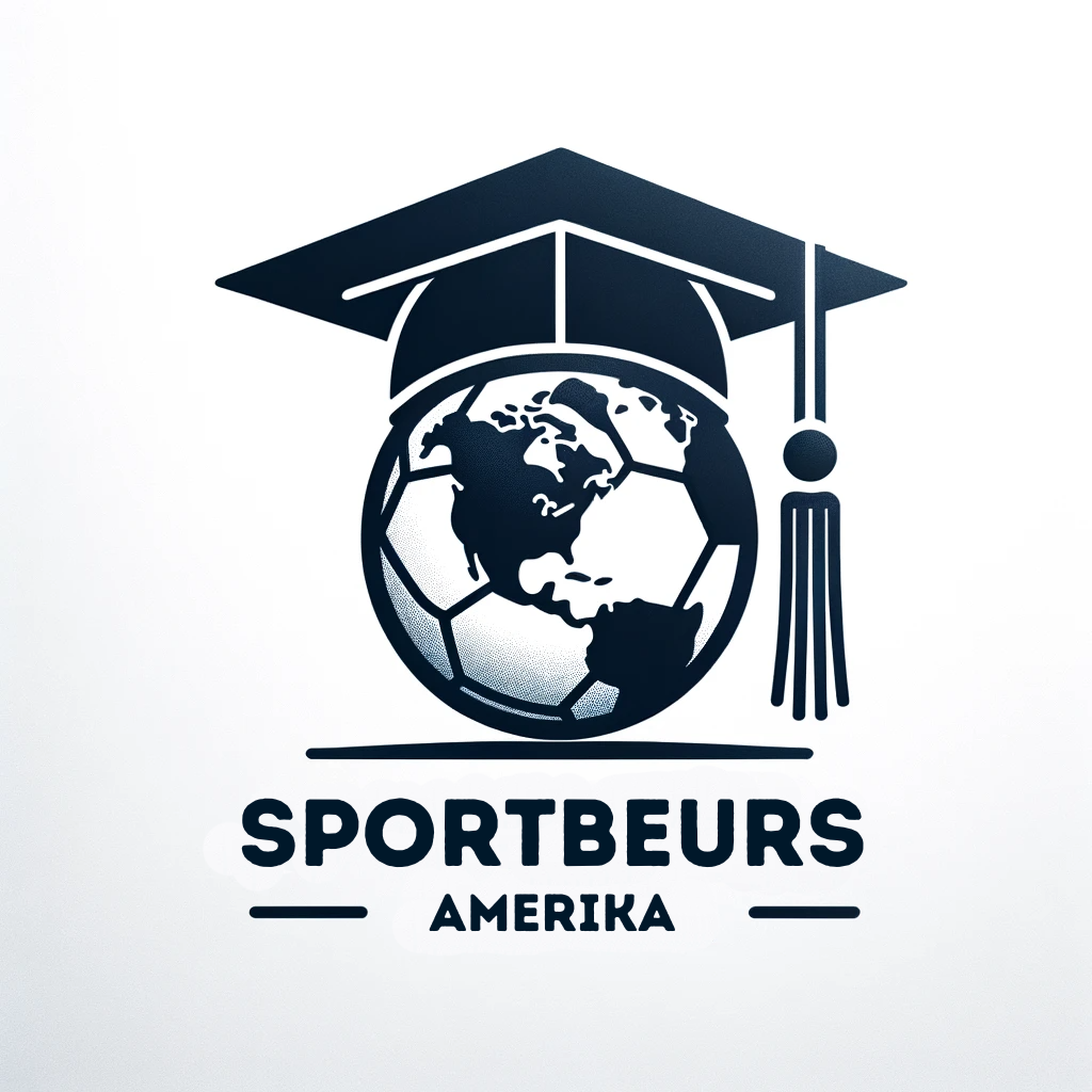 Logo van Sportbeurs Amerika NL, bestaande uit een voetbal met het continent Noord-Amerika erop afgebeeld, met daarboven een afstudeerhoed (graduation cap) die bovenop de bal rust alsof het een hoofd is. De naam van het bedrijf is prominent weergegeven, wat de focus op sportbeurzen in Amerika voor Europese studenten benadrukt.
