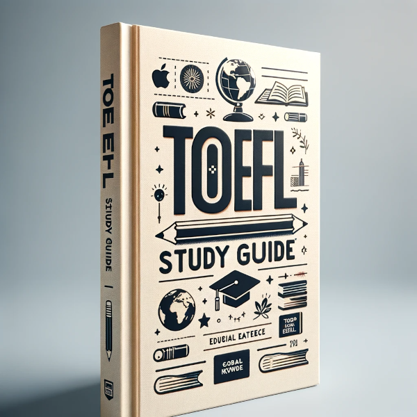 Omslag van de TOEFL Studiegids gemaakt door Sportbeurs Amerika, met titel en logo